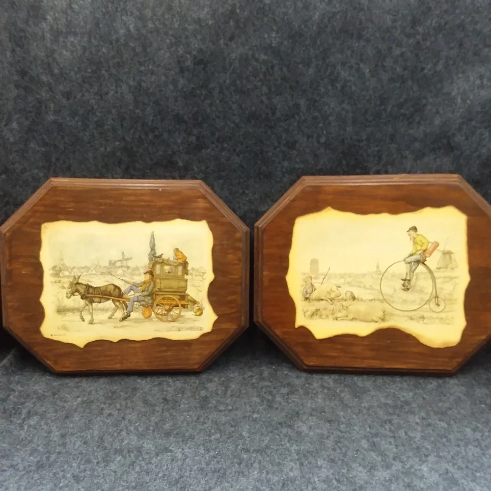 Set of 2 Vintage Anton Pieck Wall Plaque Decor Art‎ Wood Framed Old Country 10x9